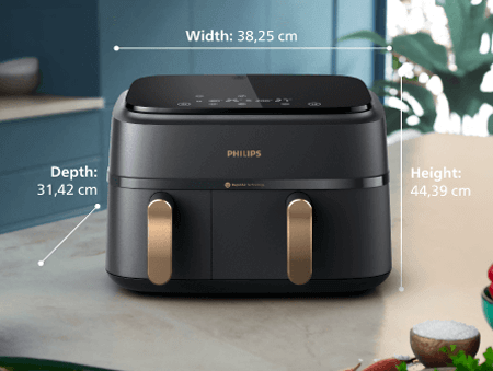 Double panier Philips posé sur le plan de travail avec toutes les dimensions décrites : largeur : 38,25 cm, profondeur : 31,42 cm, hauteur : 44,39 cm